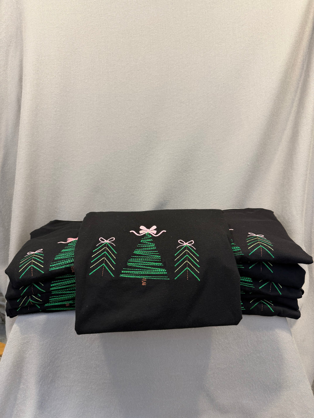 Christmas Trees & Pink Bows Embroidered Shirt