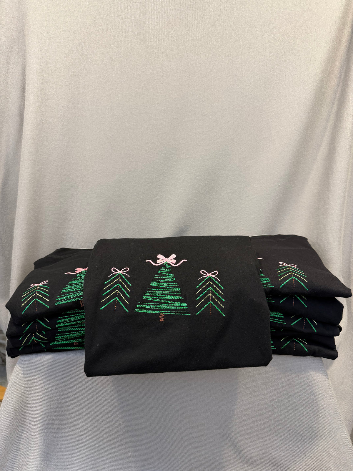 Christmas Trees & Pink Bows Embroidered Shirt