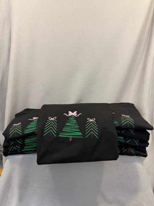 Christmas Trees & Pink Bows Embroidered Shirt